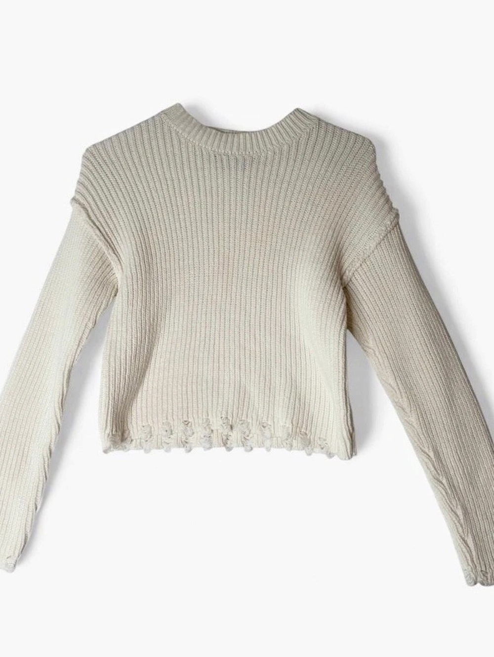 Sincerely Jules Cream Cropped Distressed Chunky Ribbed Knit Sweater XS